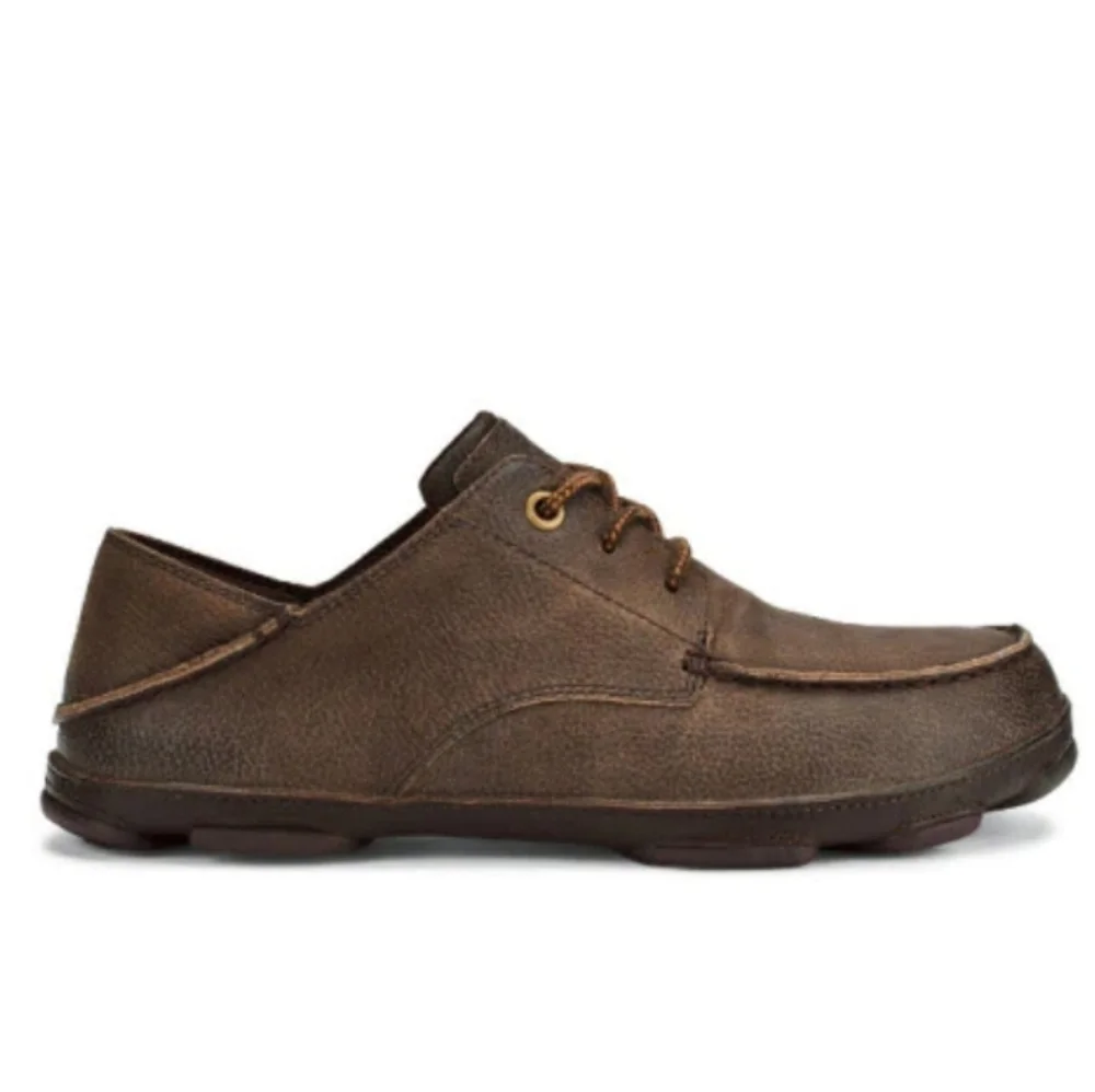 Olukai Hamakua Poko Men Leather Brown Slip On Shoe Mocassin 11.5 Lace Up Comfort